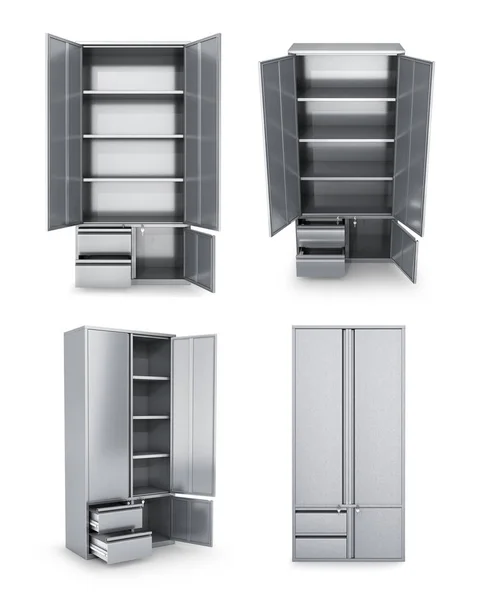 Set of metal cabinets for storage, isolated on white. Documents, tools. 3d illustrations