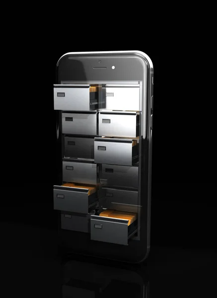 Save of data concept. Cupboard with card files in the screen of — Stock Photo, Image