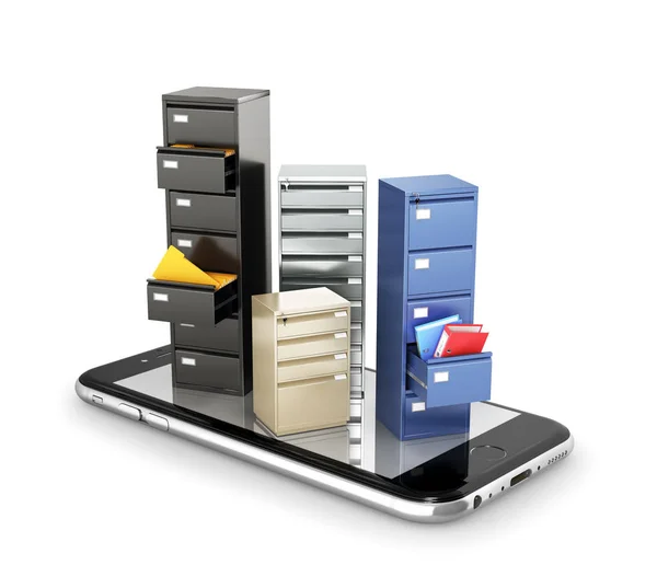 Concept of storage. Lockers for data storage stand on the screen of the smartphone. Download files. 3d illustration — Stock Photo, Image