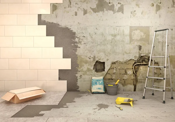 Laying tiles on old and damaged walls and floor, 3d illustration — Stock Photo, Image