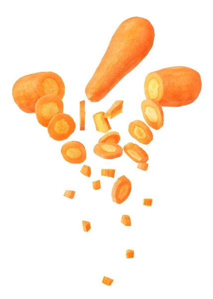 Peeled carrots cutting and falling isolated on a white backgroun — ストック写真