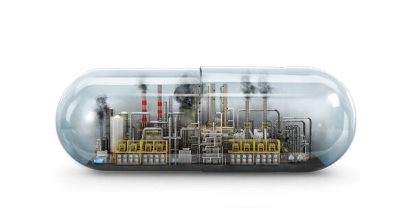 Концепция самоуничтожения. Ядовитый завод с капсулой. 3d иллюстрация
