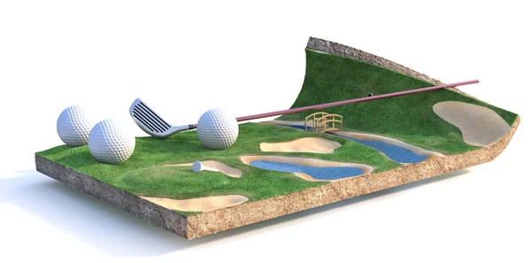 Concept sportif. Terrain de golf sur un morceau d'isolement au sol sur un wh — Photo
