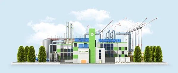 Modern grön ekoväxt med gröna träd. Solpaneler och vindkraftverk i bakgrunden. 3D-illustration — Stockfoto