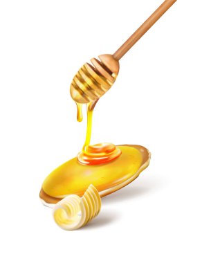  Ballı ve krepli bal için ahşap bir çubuğun vektör çizimi