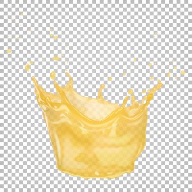 Splash of orange juice with drops. Vector realistic illustration isolated on a transparent background.
