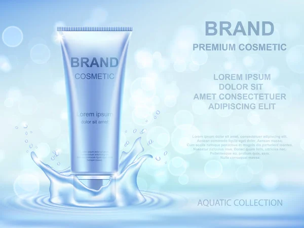 Aqua Moisturizing cosmetics ads template. Realistic cream container and water splash on blue background. — стоковий вектор