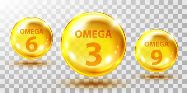 Gold fish oil pills isolated on transparent. Omega 3, 6 and 9 gel capsule. Jelly fish oil tablet. — Stock Vector