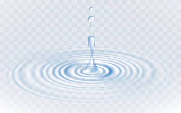 Realistic vector transparent drops and circle ripple on the water isolated on a transparent background. — Stock Vector