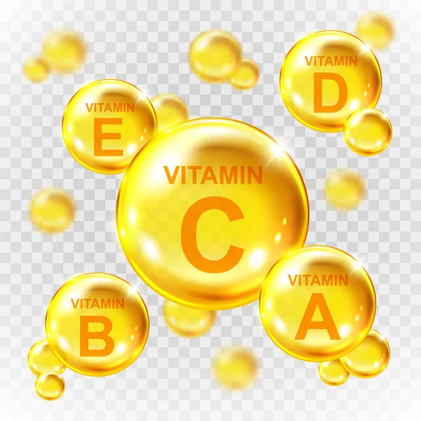 Vector de vitaminas realistas cápsulas doradas. Complemento nutricional complejo multivitamínico. Cápsulas redondas doradas aisladas sobre fondo transparente . — Archivo Imágenes Vectoriales