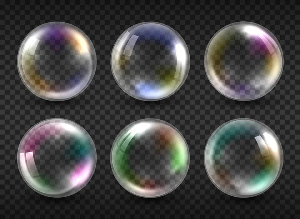Burbujas de jabón realistas aisladas sobre fondo transparente. burbujas de espuma de agua vectorial — Archivo Imágenes Vectoriales