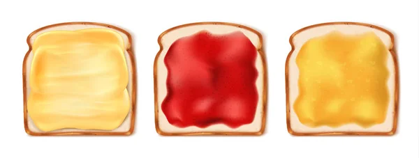 Délicieux toasts avec diverses confitures sucrées sur fond blanc — Image vectorielle