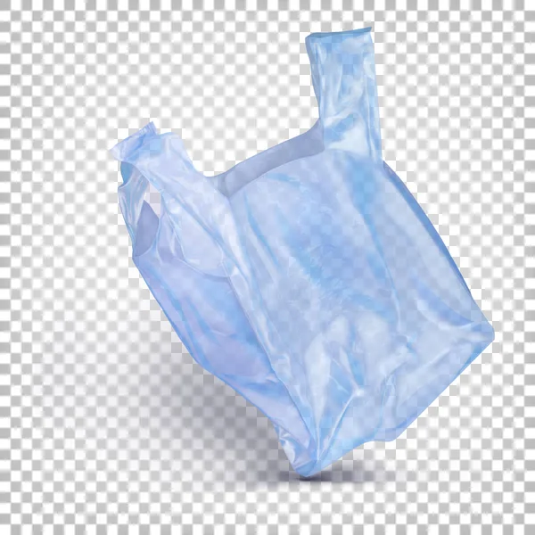 Transparente fliegende Einweg-Plastiktüte blaue Farbe. Vektor realistische Darstellung isoliert auf weißem transparentem Hintergrund. — Stockvektor