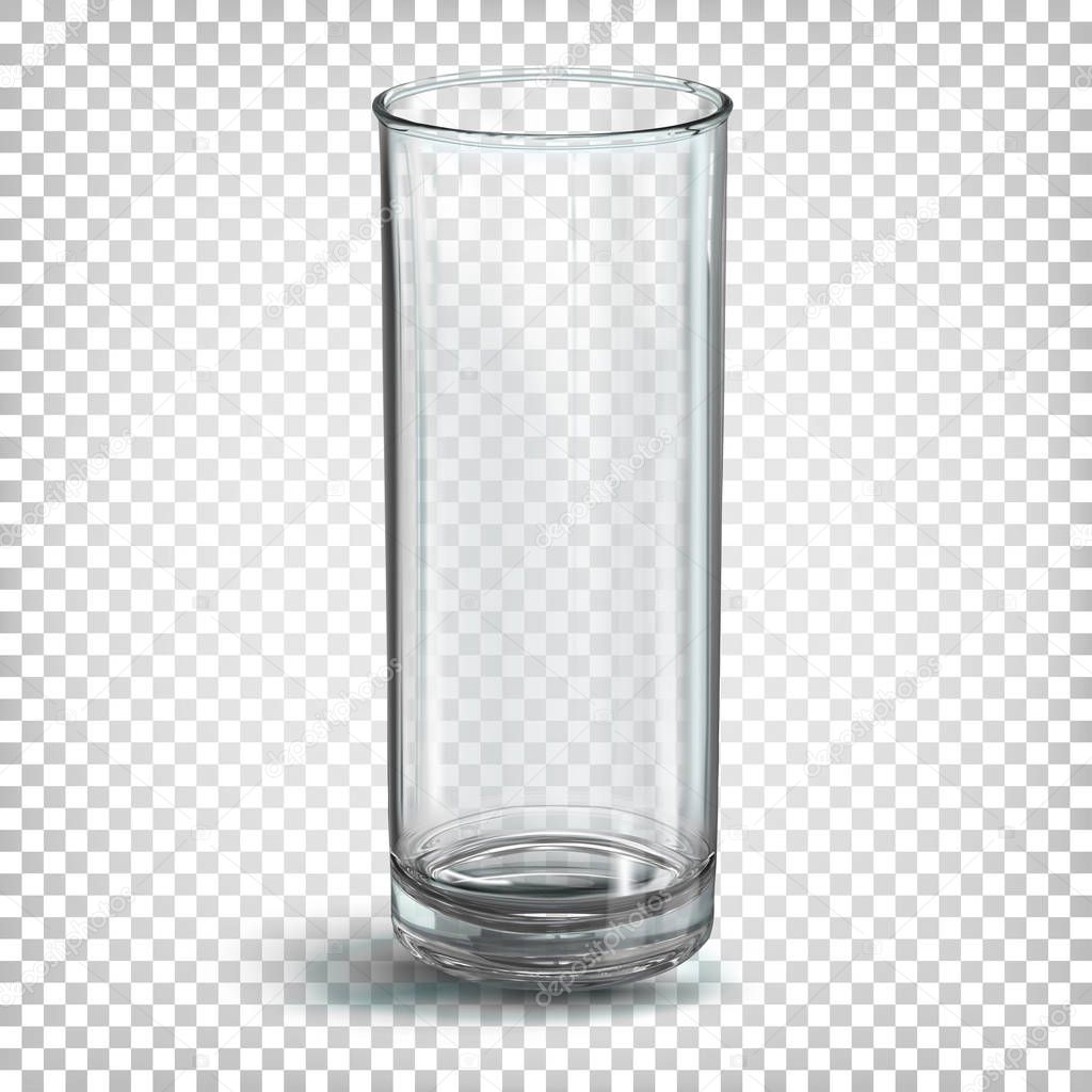 Glass transparent empty glass for juice of a simple cylindrical shape. Vector 3d realistic illustration isolated on white transparent background.