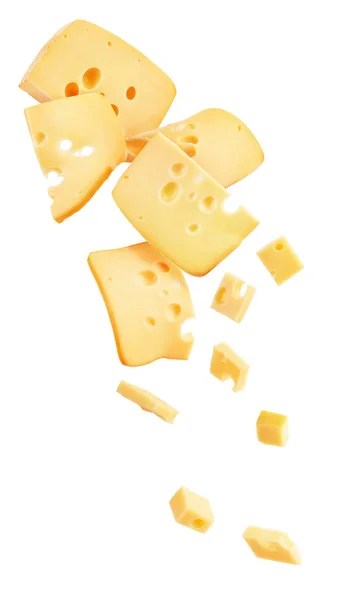 Hard cheese cut into strips and cubes isolated on a white backgr — ストック写真