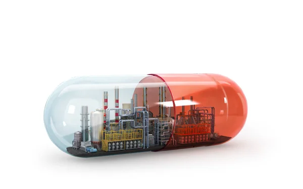 Concetto di autodistruzione. Fabbrica di veleni con capsula. Illustrazione 3d — Foto Stock