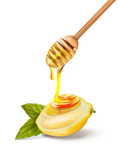 Vector Illustration Honey Spoon Honey Lemon Mint — Stock Vector