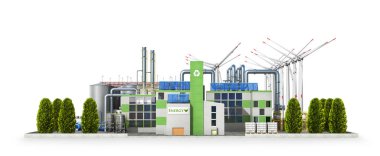 Yeşil ağaçlı, modern yeşil eko-bitki. Arka planda güneş panelleri ve rüzgar türbinleri var. 3d illüstrasyon