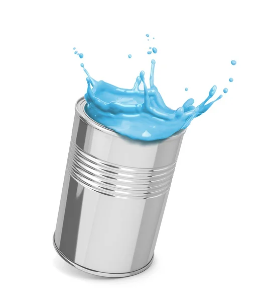 Blue paint splashing out of an iron can — ストック写真