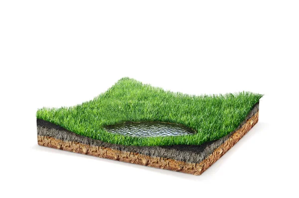 Φέτα του εδάφους, πράσινο λιβάδι με μια λίμνη απομονωμένη σε λευκό φόντο. 3D εικονογράφηση — Φωτογραφία Αρχείου