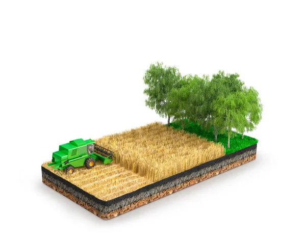 Colheitadeira. Colheita de palha por uma colheitadeira no campo. ilustração 3d — Fotografia de Stock