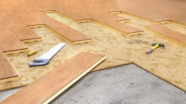 Processen för att lägga parkettbrädor på golvet, 3D-illustration — Stockfoto