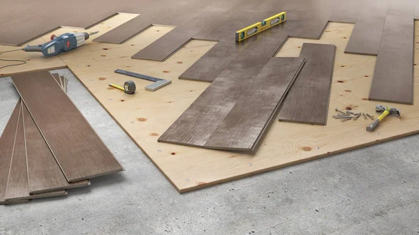 Processen för läggning av laminatpaneler på golv, 3D-illustration — Stockfoto
