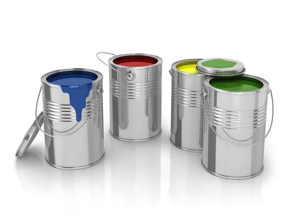 Color paint can in row isolated 3d illustration — Stock Photo, Image