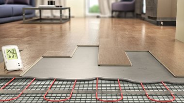 Döşeme ısıtma ve 3D illüstrasyonla döşenmiş plastik paneller.
