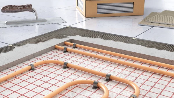 Prozess der Verlegung von Fliesen auf dem Boden mit Fußbodenheizung, 3D-Illustration — Stockfoto