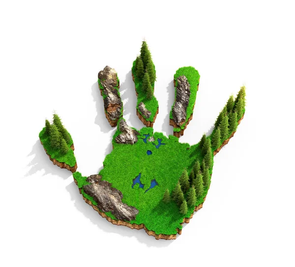 Inseln in Form einer Hand. Konzept, wie menschliche Aktivität die Natur beeinflusst. 3D-Illustration — Stockfoto