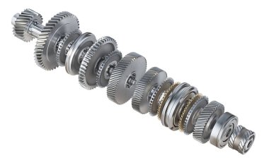 Mekanizma. Şafttaki dişliler beyaz bir arka planda izole edilmiş. 3d illüstrasyon