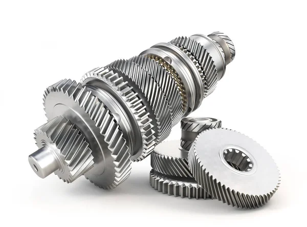 Mechanism. Gears on the shaft isolated on a white background. 3d illustration — Stock Photo, Image