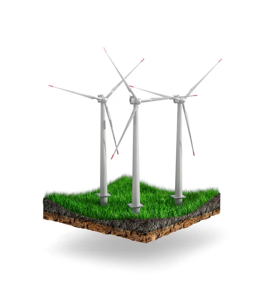 Windturbines op een groen eiland. 3d illustratie — Stockfoto