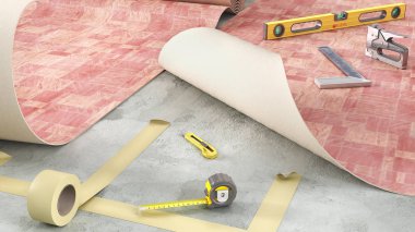 Yapıştırıcı bant üzerine muşamba döşeme işlemi, 3D illüstrasyon