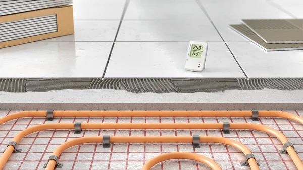 Laying tiles on underfloor heating, 3d illustration — Stock Photo, Image