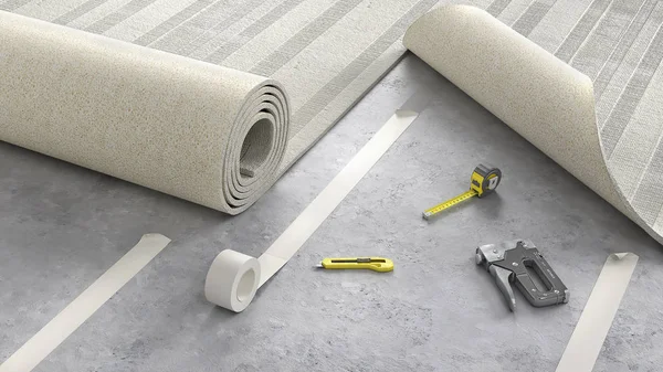 Process of laying cozy beige carpet on floor, 3d illustration — Stock Photo, Image