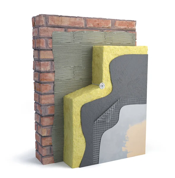 Esquema en capas de un aislamiento térmico de paredes, ilustración 3d — Foto de Stock