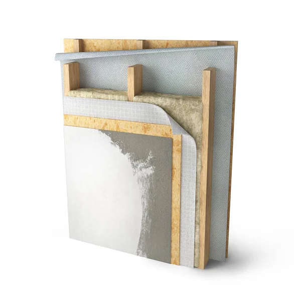 Esquema de capas de aislamiento de la pared interior, ilustración 3d —  Fotos de Stock
