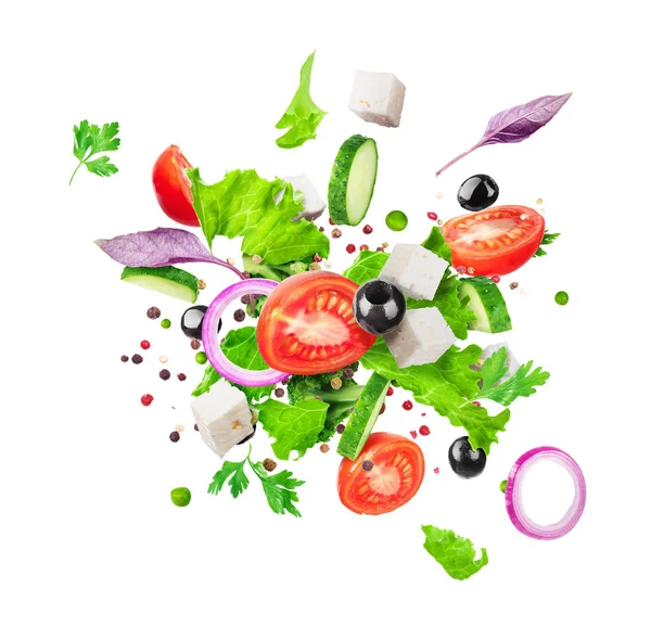 Les ingrédients de la salade volent isolés sur un fond blanc. Hea ! — Photo