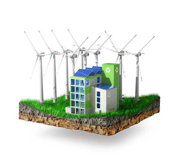 Eco plant with wind turbines on a green island. 3D illustration — ストック写真