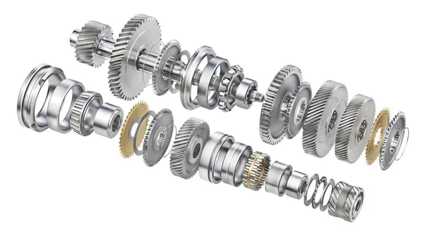 Mechanism. Gears on the shaft isolated on a white background. 3d illustration — Stock Photo, Image
