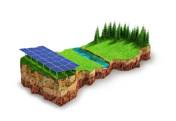 Parcela de tierra con células solares, medio ambiente. ilustración 3d — Foto de Stock
