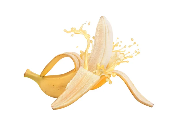 Banana con succo di banana su sfondo bianco — Foto Stock