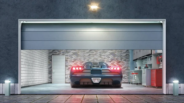 Moderne Garage mit offenem Tor. 3D-Illustration — Stockfoto