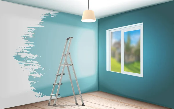 Reparatur im Zimmer. Wände aus blauem Holzboden. Metalltreppe. Vektor 3D Illustration. — Stockvektor