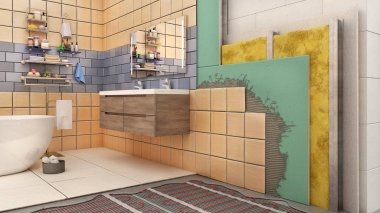 Banyo içinde duvarlar ve zemin termal yalıtımı, 3D illüstrasyon