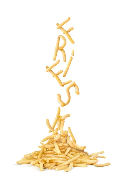 Rw Pommes Frites fliegende Buchstaben vor weißem Hintergrund — Stockfoto