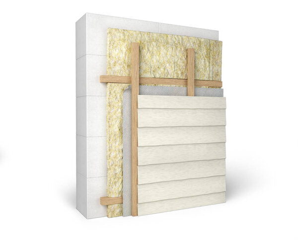 Слоистые схемы изоляции наружных стен и покрытия сайдингом, 3d иллюстрация

