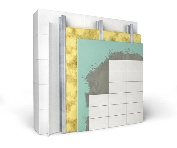 Слоистая схема изоляции и покрытия внутренних стен плиткой, 3d иллюстрация — стоковое фото
